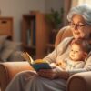 Babcia czytająca wierszyk dla wnuczki siedzącej na jej kolanach w przytulnym pokoju