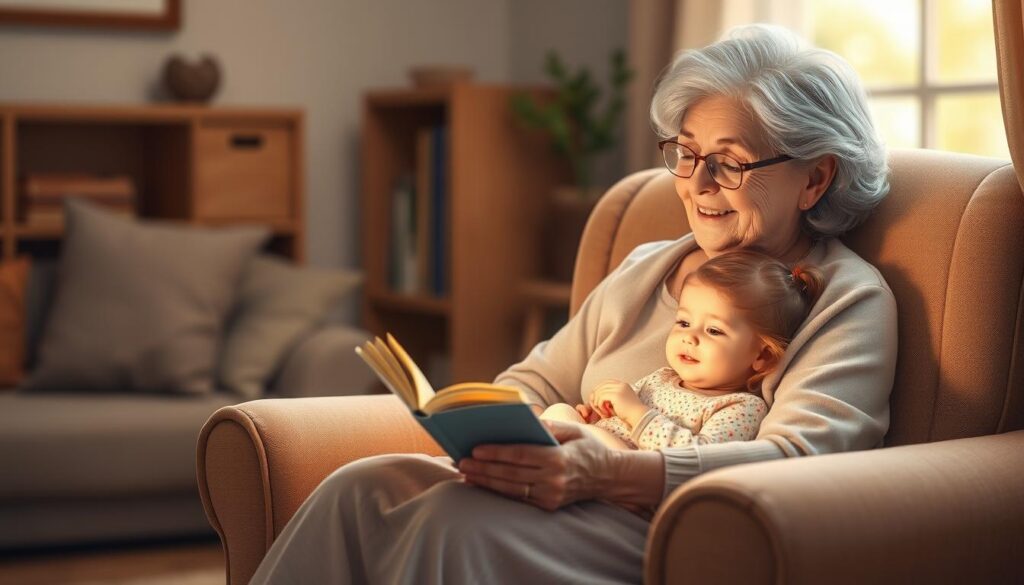 Babcia czytająca wierszyk dla wnuczki siedzącej na jej kolanach w przytulnym pokoju