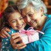 Babcia i wnuczka świętujące urodziny, babcia przytula wnuczkę i wręcza jej prezent urodzinowy