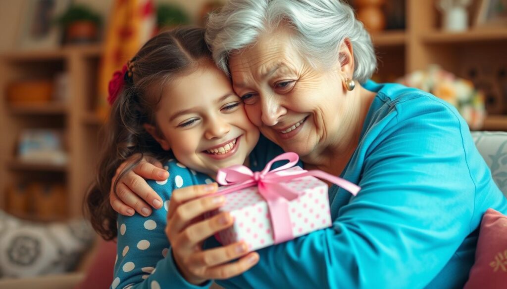 Babcia i wnuczka świętujące urodziny, babcia przytula wnuczkę i wręcza jej prezent urodzinowy