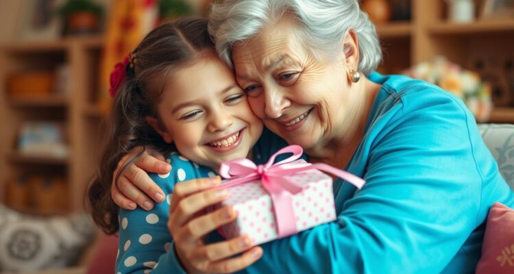 Babcia i wnuczka świętujące urodziny, babcia przytula wnuczkę i wręcza jej prezent urodzinowy