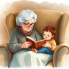 Babcia z wnuczkiem czytająca książkę w przytulnym fotelu