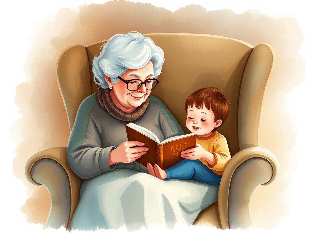 Babcia z wnuczkiem czytająca książkę w przytulnym fotelu