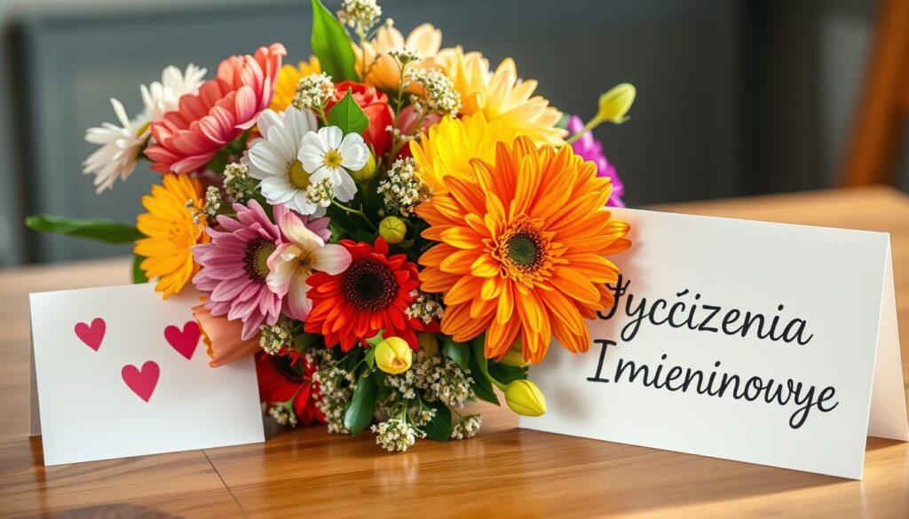 Bukiet kwiatów i kartka z życzeniami imieninowymi na stole