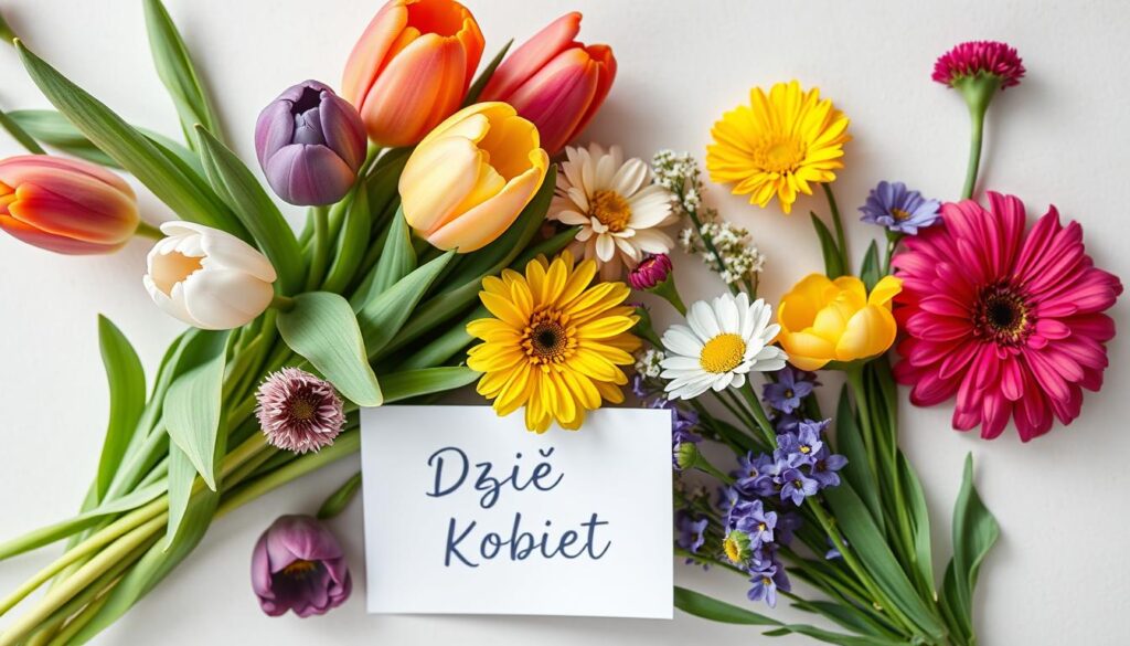 Bukiet wiosennych kwiatów z kartką z życzeniami na Dzień Kobiet