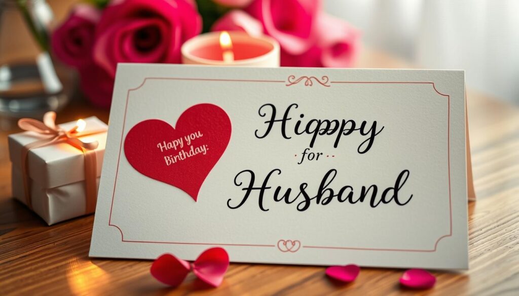 Ciepłe życzenia urodzinowe dla męża na ozdobnej kartce z czerwonym sercem