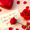 Czerwone serce z różą i walentynkową kartką z wzruszającymi życzeniami walentynkowymi
