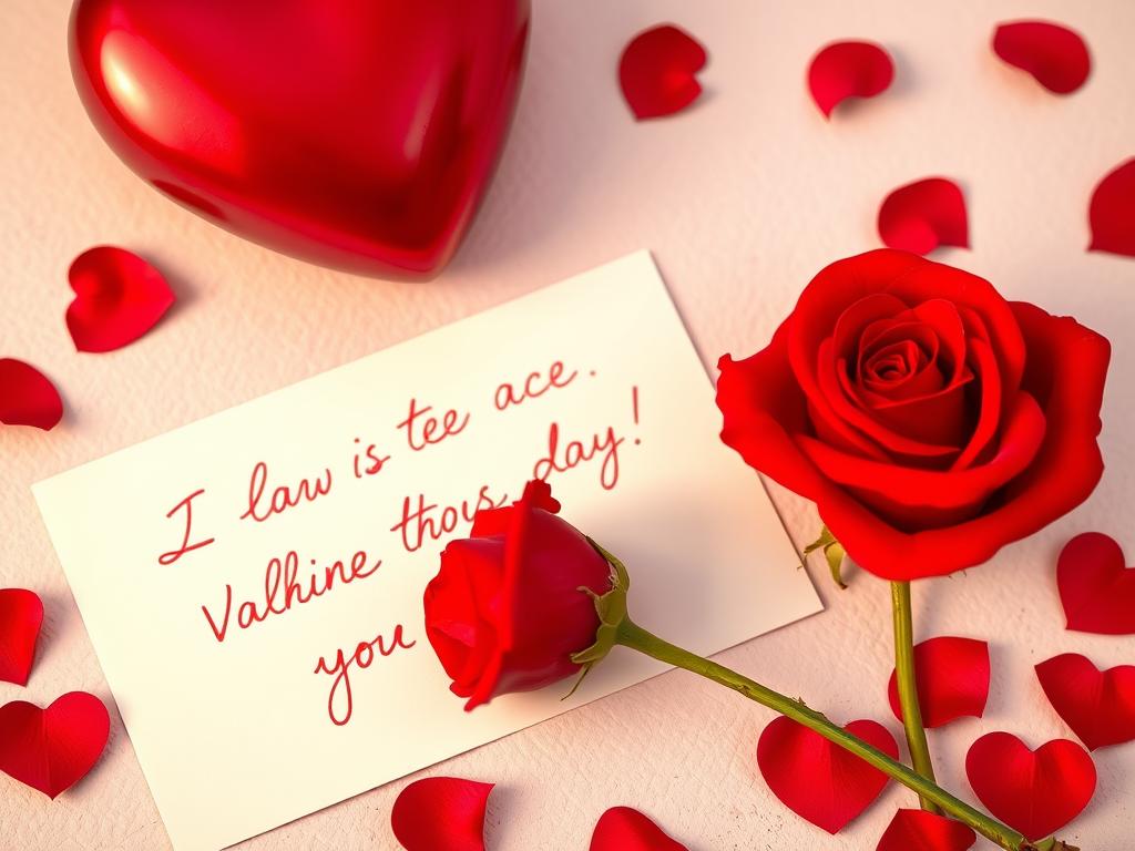 Czerwone serce z różą i walentynkową kartką z wzruszającymi życzeniami walentynkowymi