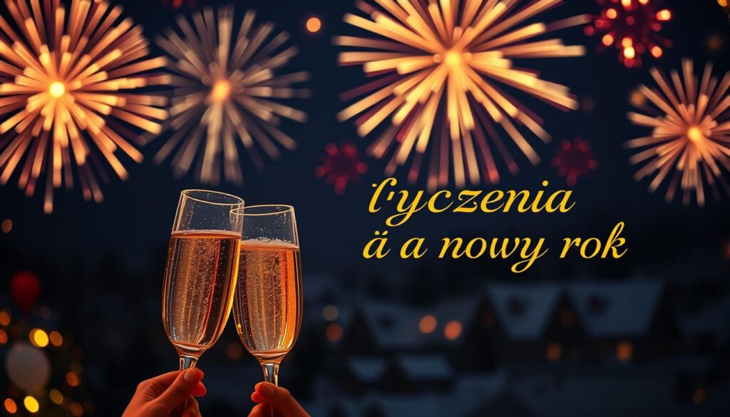 Fajerwerki i szampan na nowy rok z napisem Życzenia na nowy rok