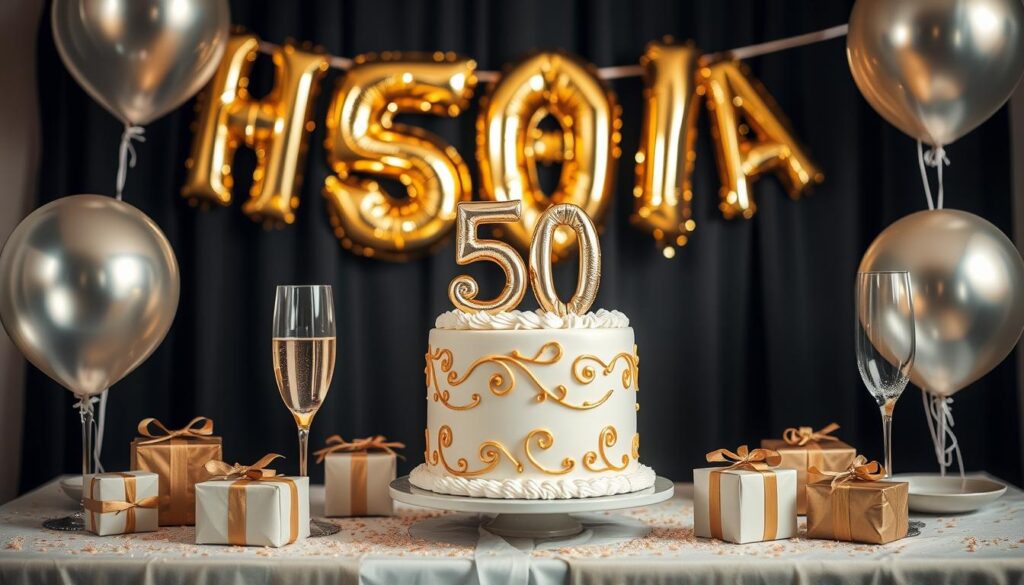 Ilustracja: 50. urodziny — balony i tort