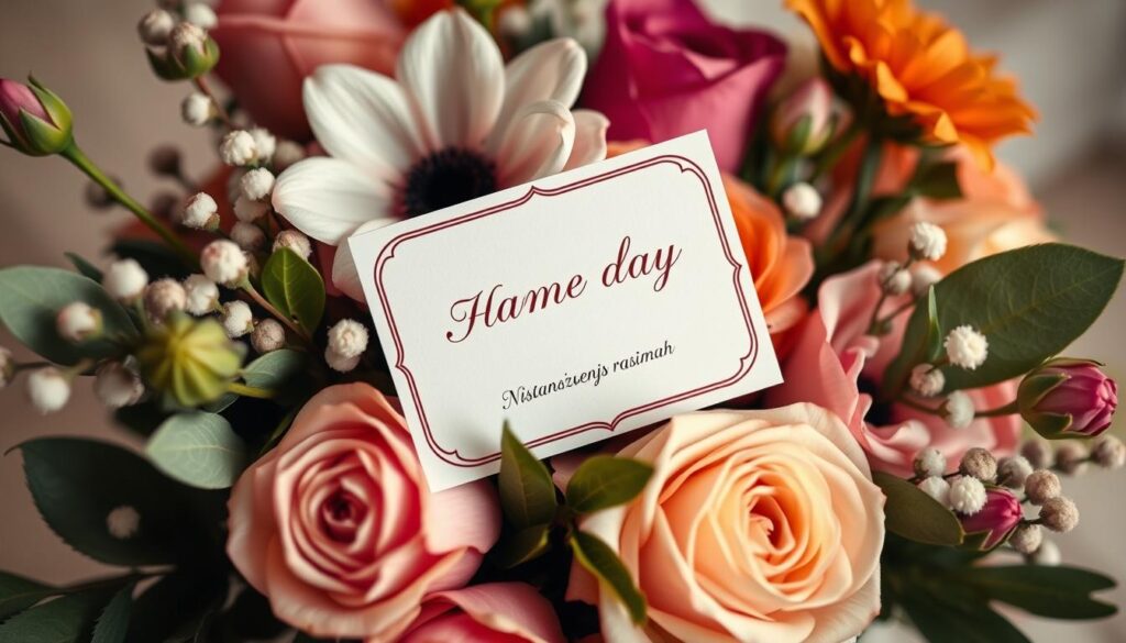 Ilustracja z życzeniami imieninowymi dla rodziny z bukietem kwiatów i krótkim mądrym życzeniem