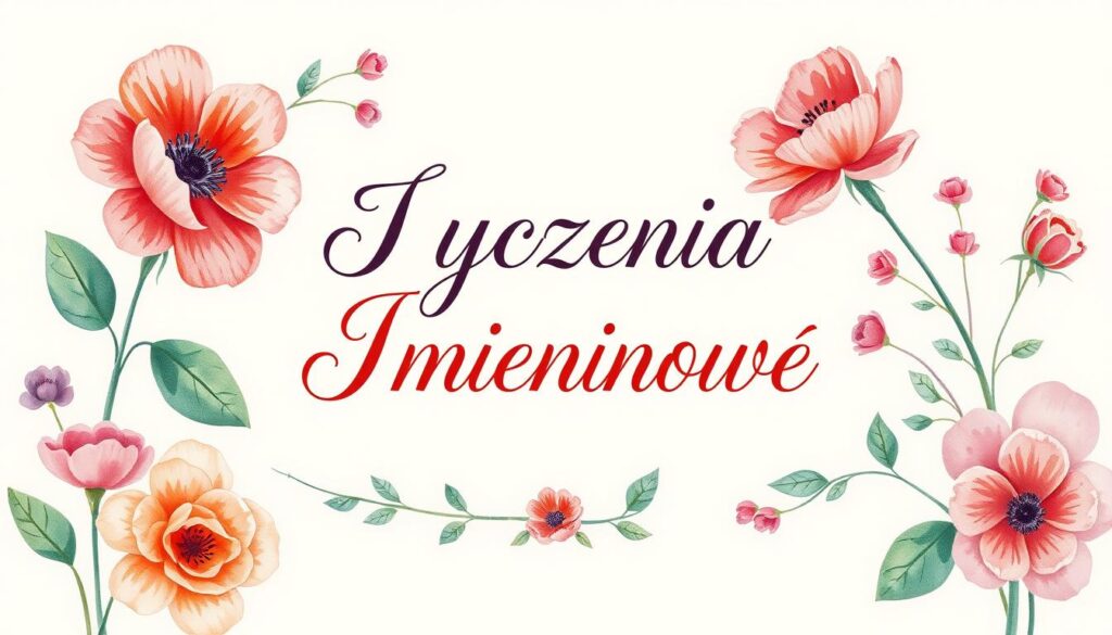 Kartka z oryginalnymi życzeniami imieninowymi ozdobiona kwiatami i kaligraficznym napisem
