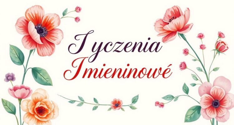 Kartka z oryginalnymi życzeniami imieninowymi ozdobiona kwiatami i kaligraficznym napisem