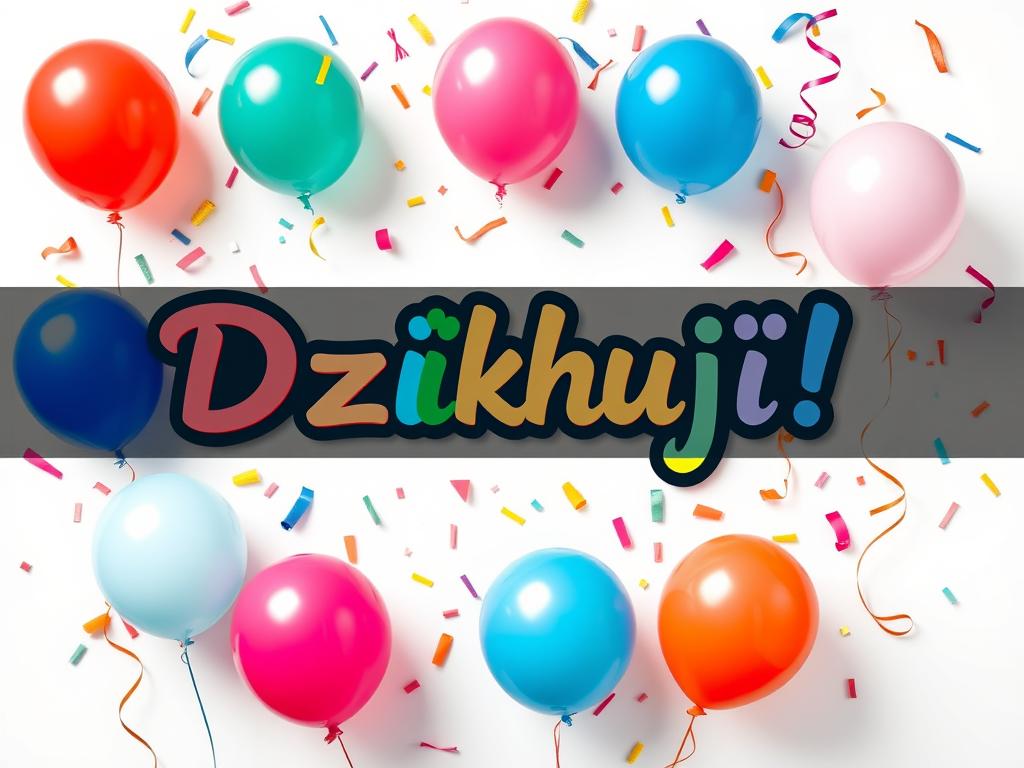 Kolorowa kartka z napisem Dziękuję! otoczona balonami urodzinowymi