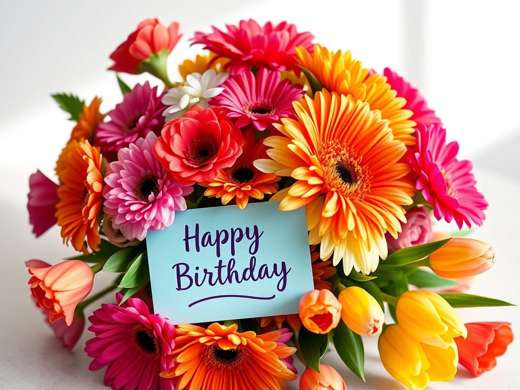 Kolorowy bukiet urodzinowy z różami, gerberami i tulipanami z kartką z życzeniami urodzinowymi