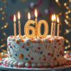 Kolorowy tort urodzinowy na 60 urodziny z zapalonymi świeczkami i dekoracjami