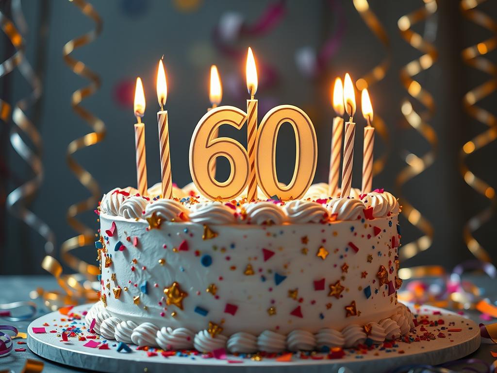 Kolorowy tort urodzinowy na 60 urodziny z zapalonymi świeczkami i dekoracjami