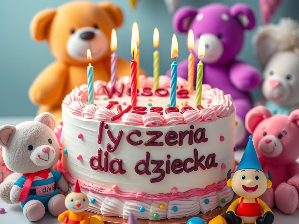 Kolorowy tort urodzinowy z wesołymi życzeniami dla dziecka, ozdobiony figurkami zwierzątek i bajkowych postaci