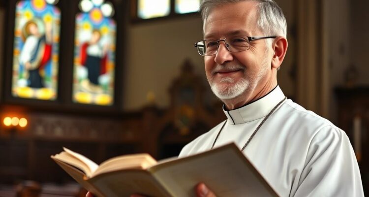 Ksiądz z otwartą Biblią podczas modlitwy w kościele