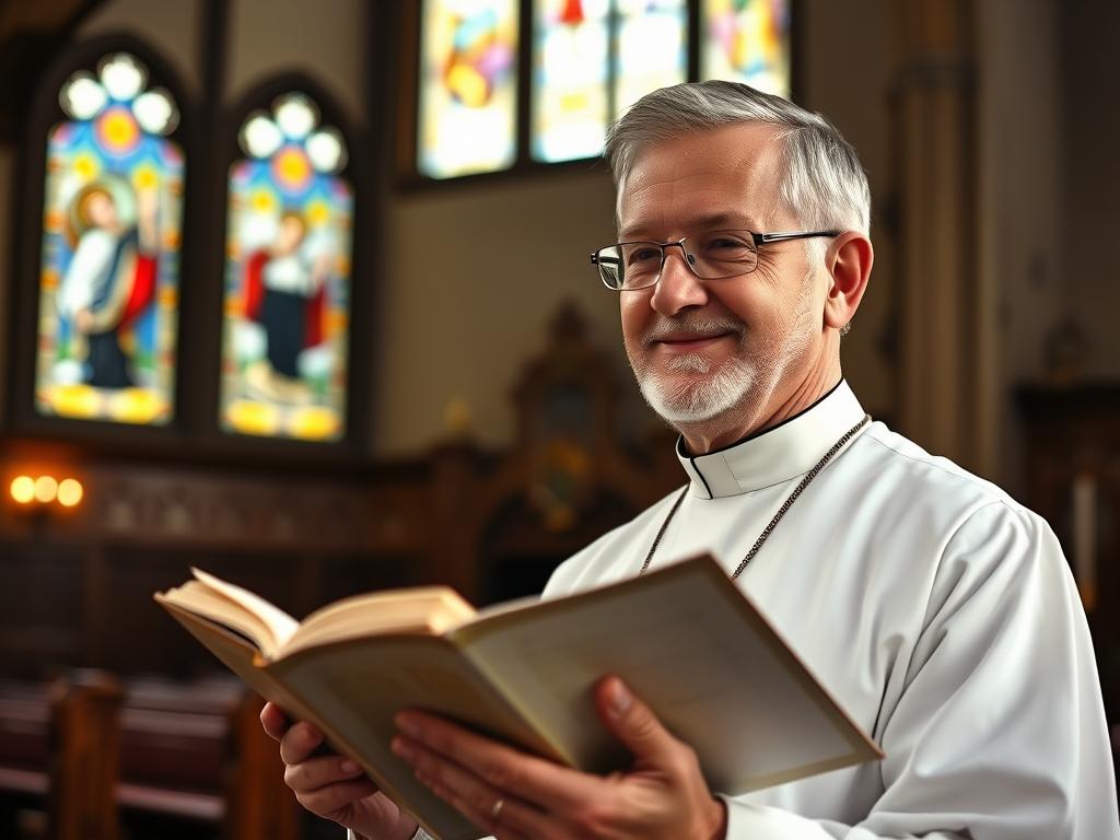Ksiądz z otwartą Biblią podczas modlitwy w kościele