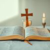 Otwarta Biblia z krzyżem i świecą - piękne życzenia religijne