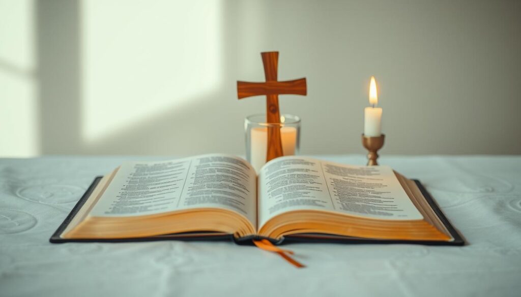 Otwarta Biblia z krzyżem i świecą - piękne życzenia religijne