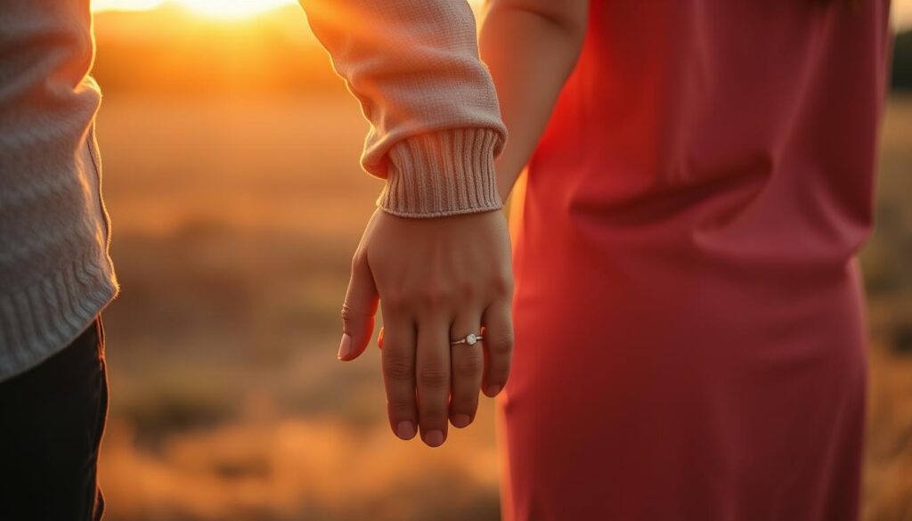 Para trzymająca się za ręce przy zachodzie słońca
