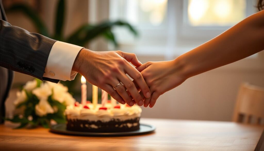 Para trzymająca się za ręce z okazji urodzin męża, świeczki na torcie urodzinowym w tle