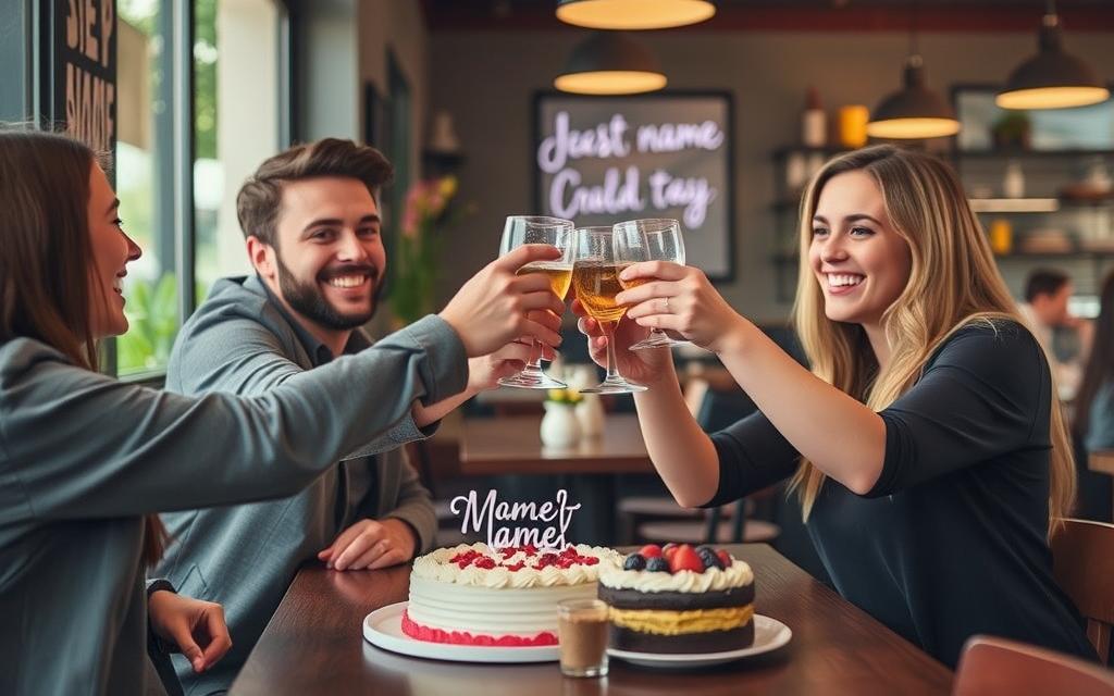 Przyjaciele wznoszący toast z okazji imienin z oryginalnymi życzeniami imieninowymi
