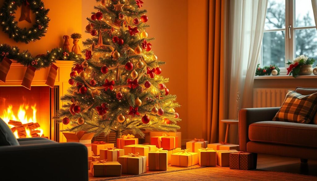 Świąteczna choinka z prezentami i światełkami w ciepłej, rodzinnej atmosferze - życzenia bożonarodzeniowe najpiękniejsze