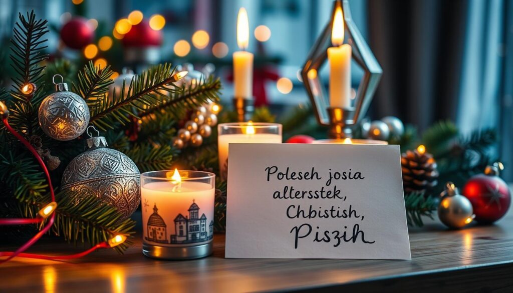 Świąteczne dekoracje z życzeniami bożonarodzeniowymi