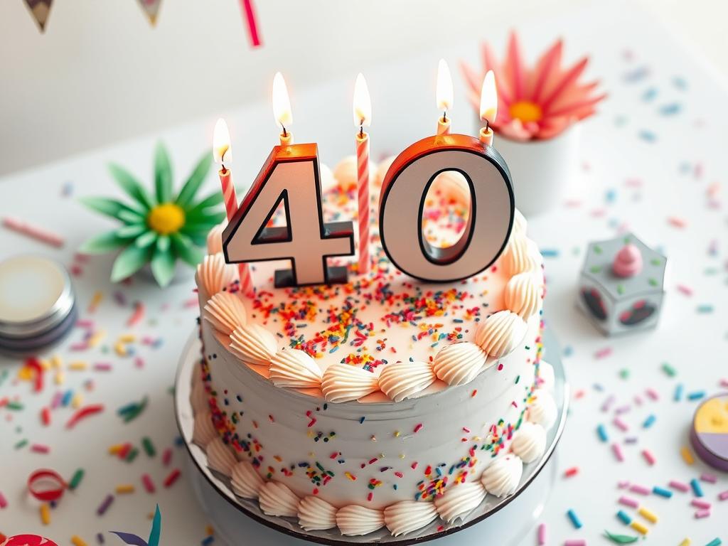 Tort urodzinowy na 40 urodziny z zapalonymi świeczkami