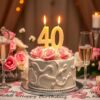 Życzenia na 40 urodziny dla kobiety - elegancki tort urodzinowy z zapalonymi świeczkami i kwiatami
