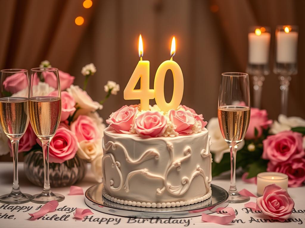 Życzenia na 40 urodziny dla kobiety - elegancki tort urodzinowy z zapalonymi świeczkami i kwiatami
