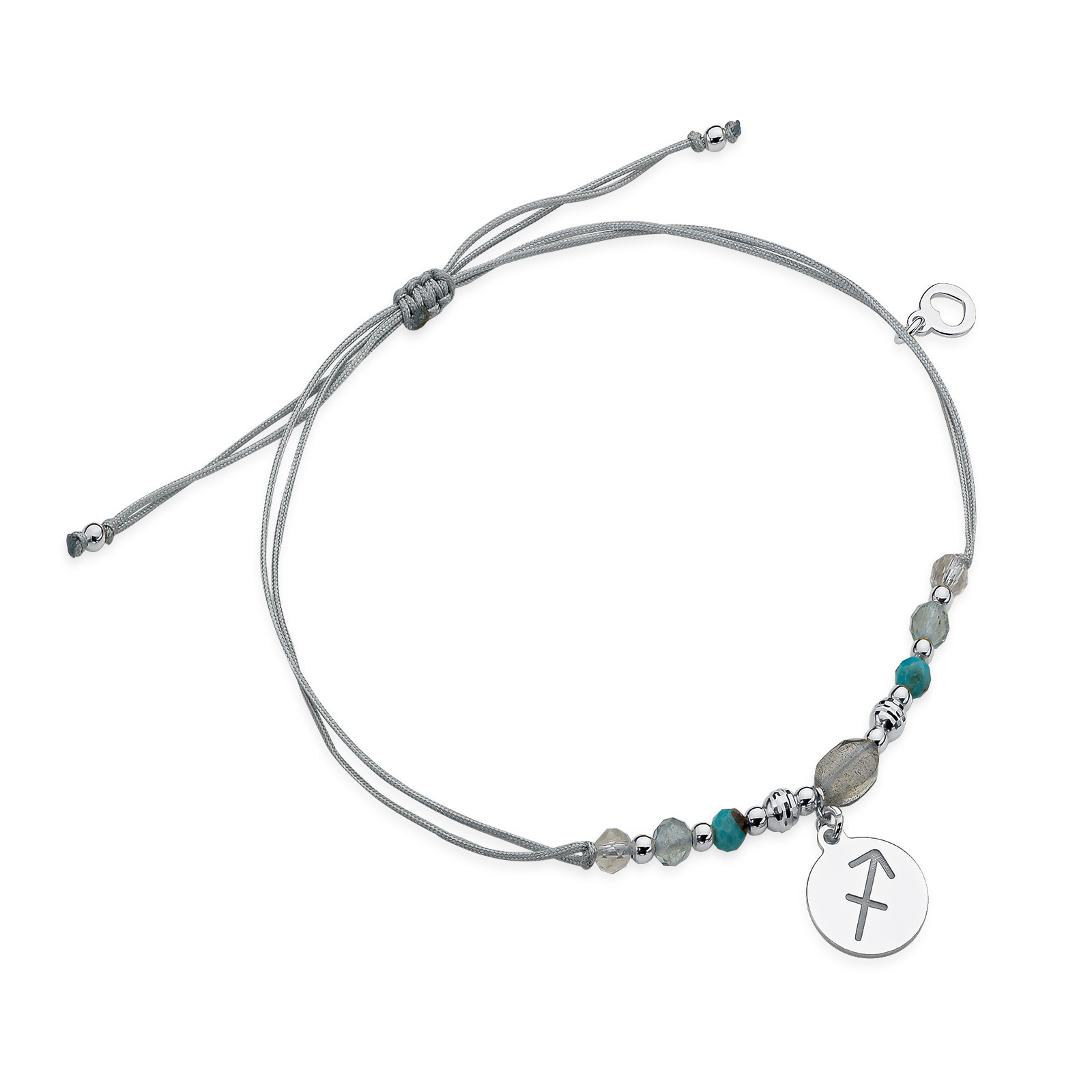 Bransoletka znak zodiaku strzelec – sznurek, srebro rodowane 925 – labradoryt, fluoryt, kryształ górski, turkus