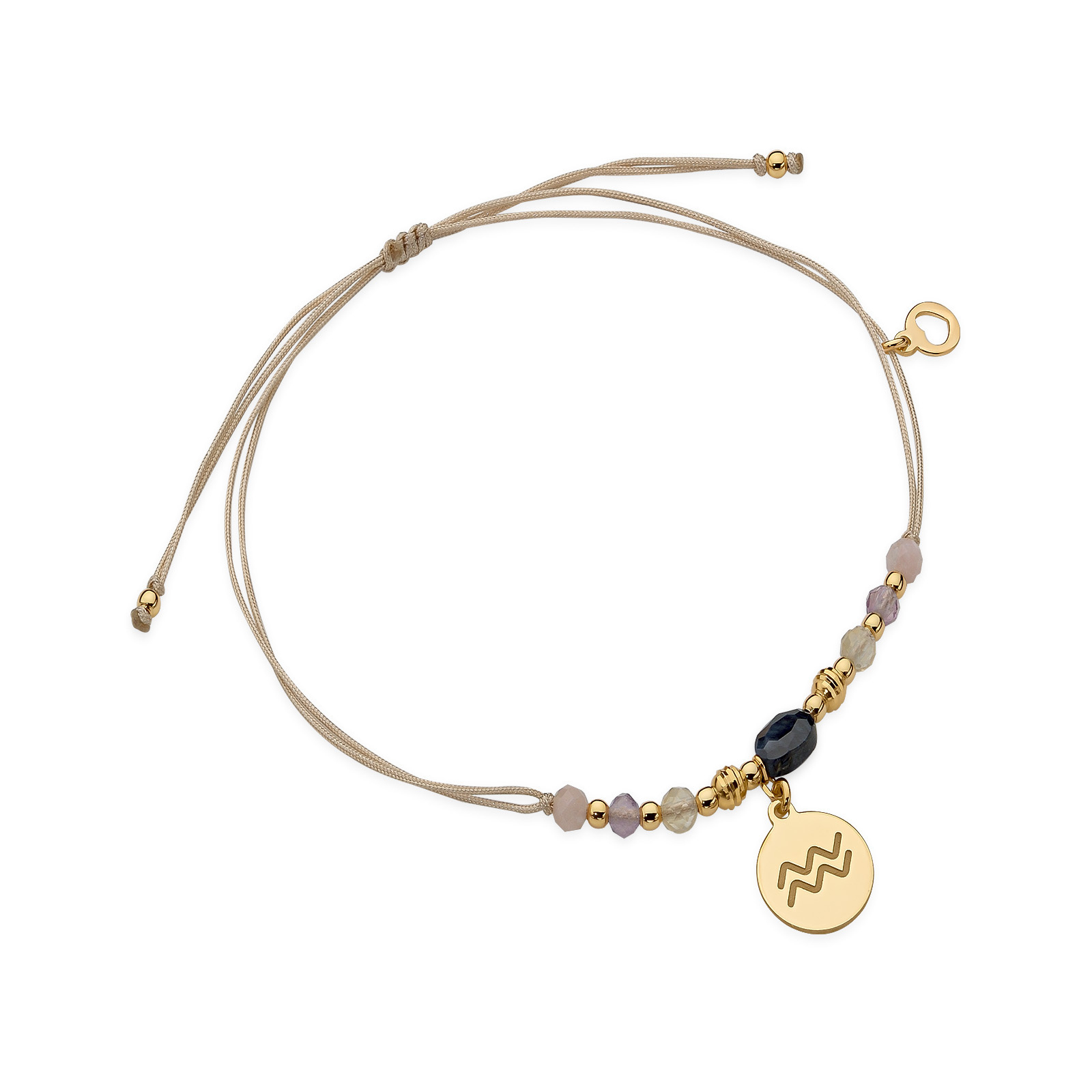 Bransoletka znak zodiaku wodnik – sznurek, srebro pozłacane 925 – turmalin, cytryn, fluoryt, opal, szafir